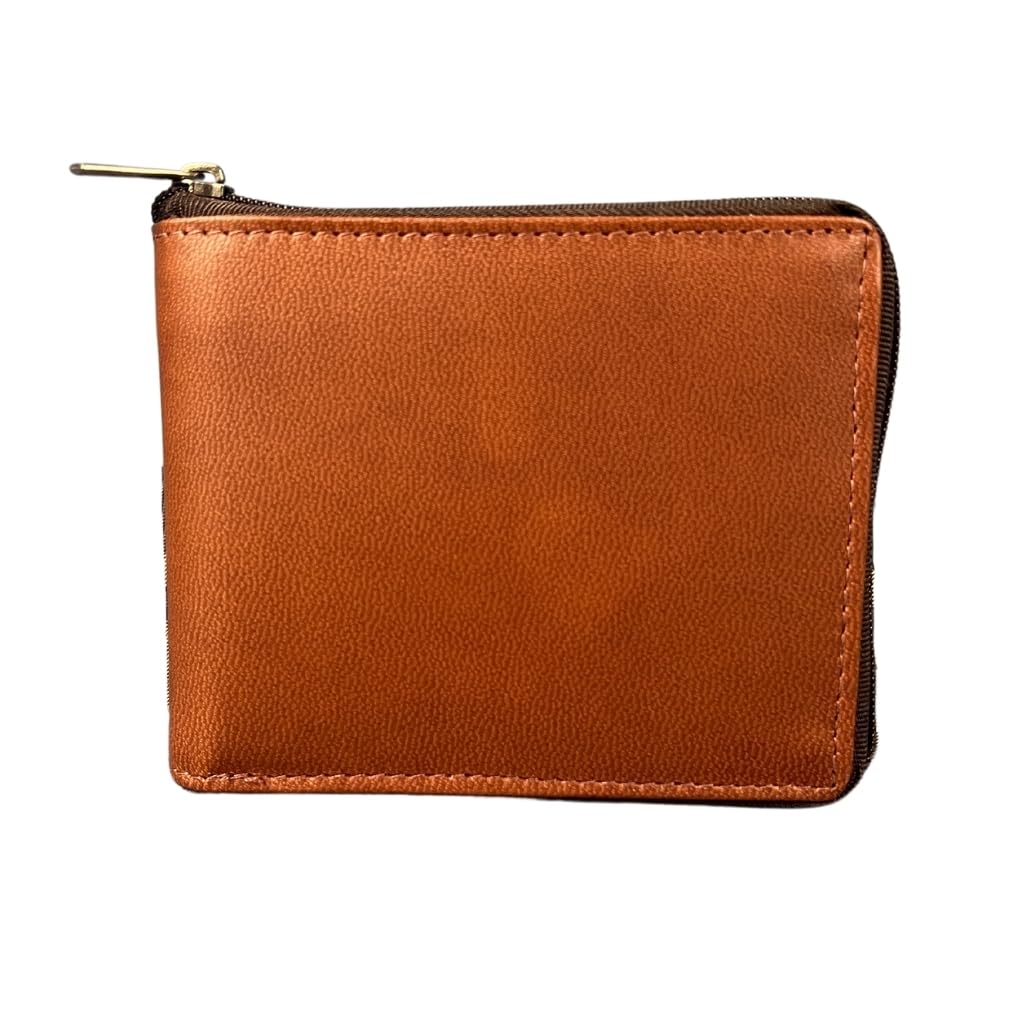 Madosh Genuine Leather Men's Wallet Brown Bifold Purse | RFID Protected | Cards Holder Coin Pocket | Zip Closure for Safety